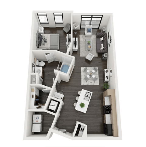 this is a 3d floor plan of a 824 square foot 1 bedroom apartment at the